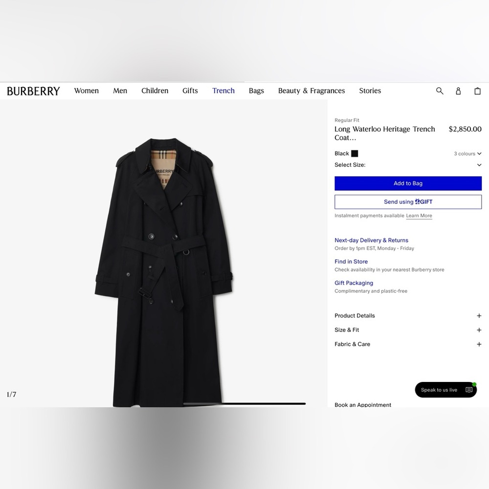 Authentic Burberry Waterloo Black Trench Coat